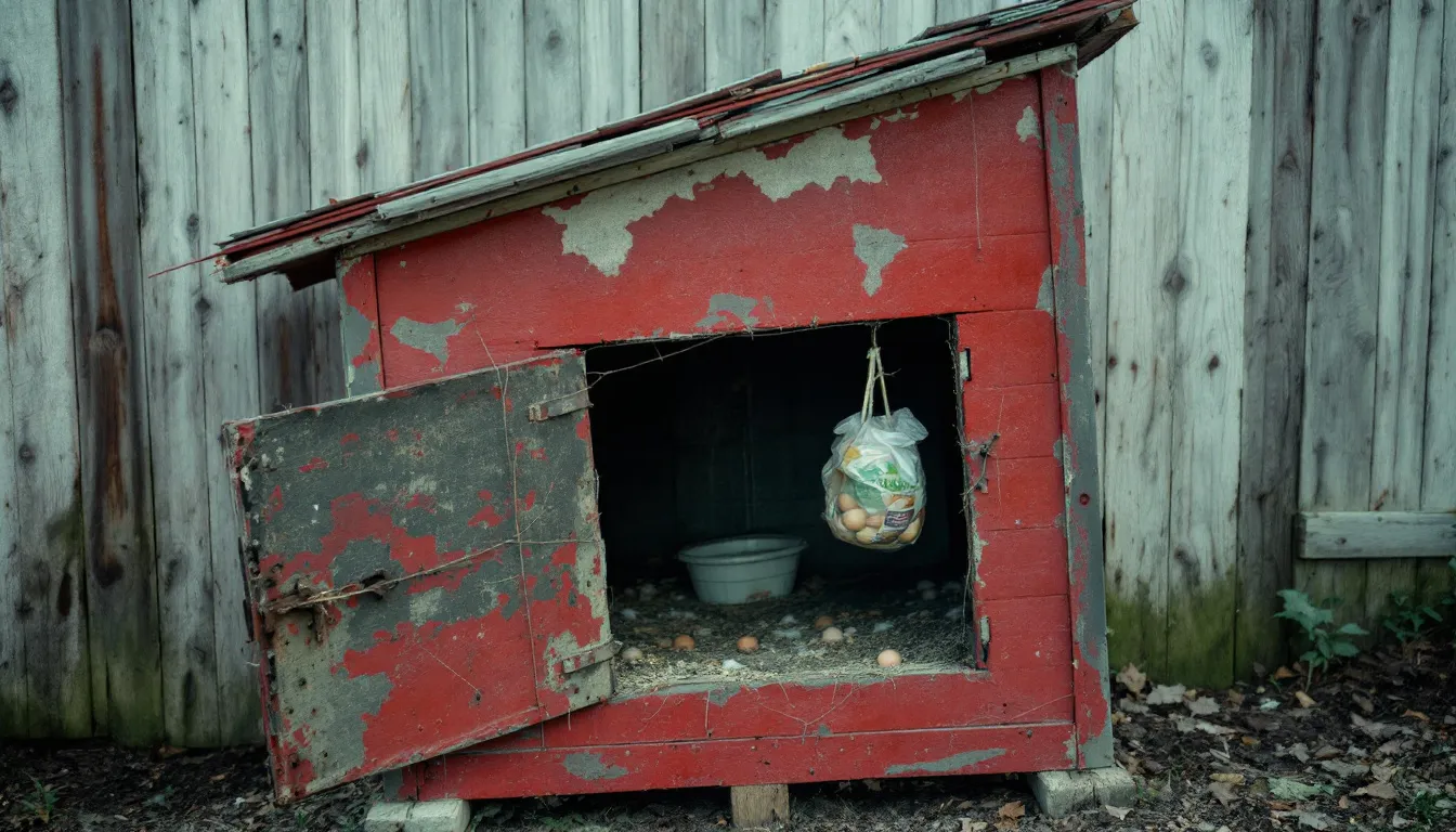 A poorly designed chicken coop with inadequate space for chickens, illustrating common chicken keeping mistakes.